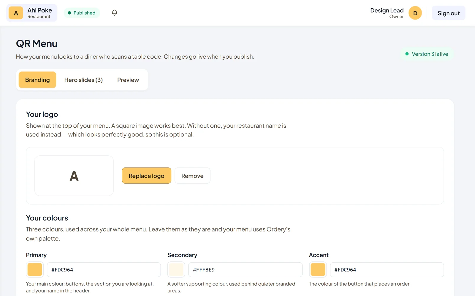 The QR Menu page of the dashboard, where the logo and the three menu colours are set and previewed