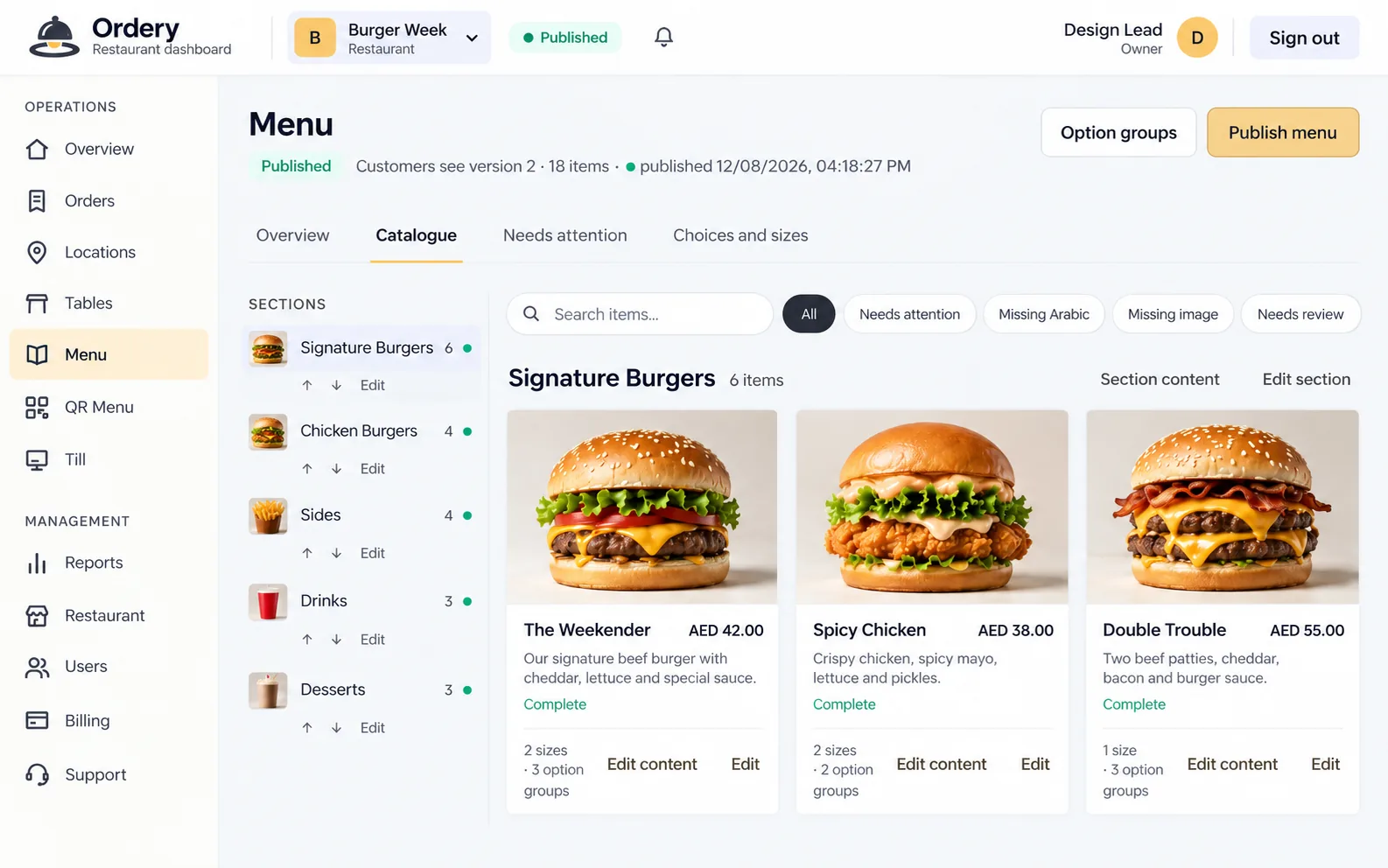 The Ordery restaurant dashboard on a laptop, showing the menu catalogue with sections, dishes and prices