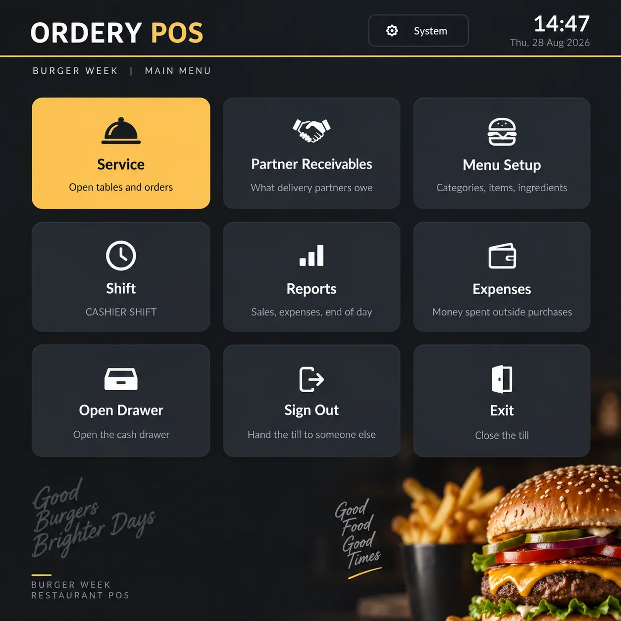 Ordery Windows POS main menu showing service, reports, shift and menu setup