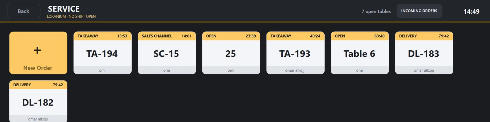 Ordery Windows POS service screen showing open dine-in, takeaway, delivery and sales channel orders