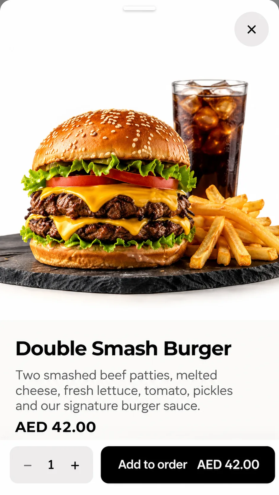 A dish sheet on the QR menu, showing the photograph, the name, the price, a quantity control and an Add to order button