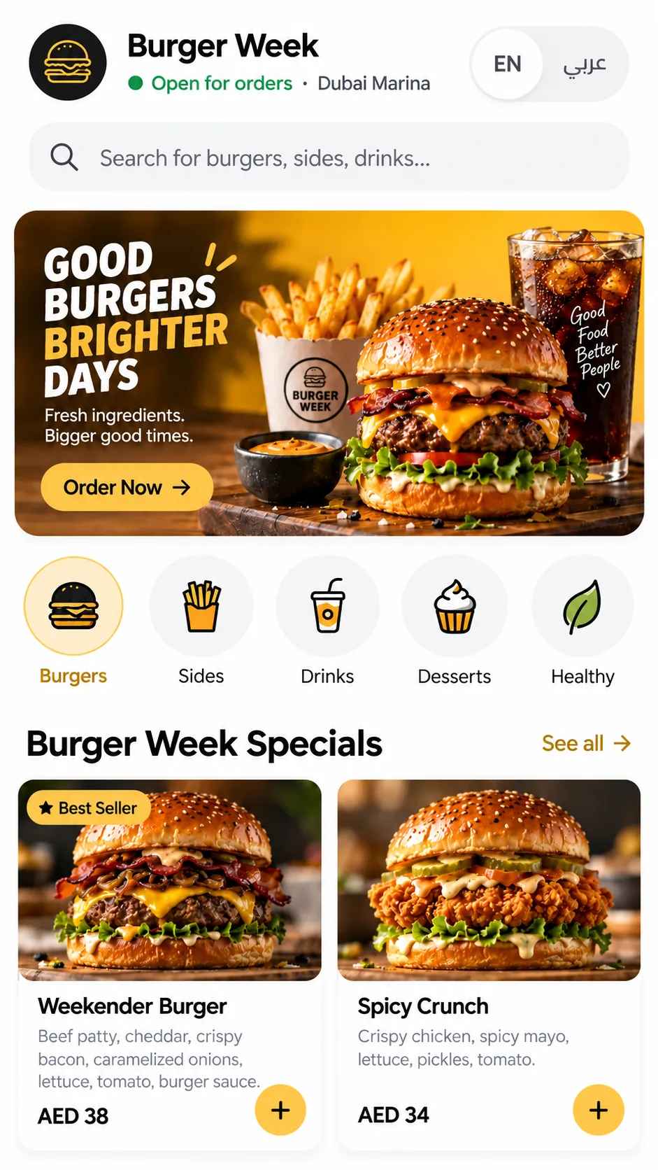 The Ordery QR menu on a phone: the restaurant’s logo, an “Open for orders” badge, a language switch, a search field, the hero images and a row of menu sections